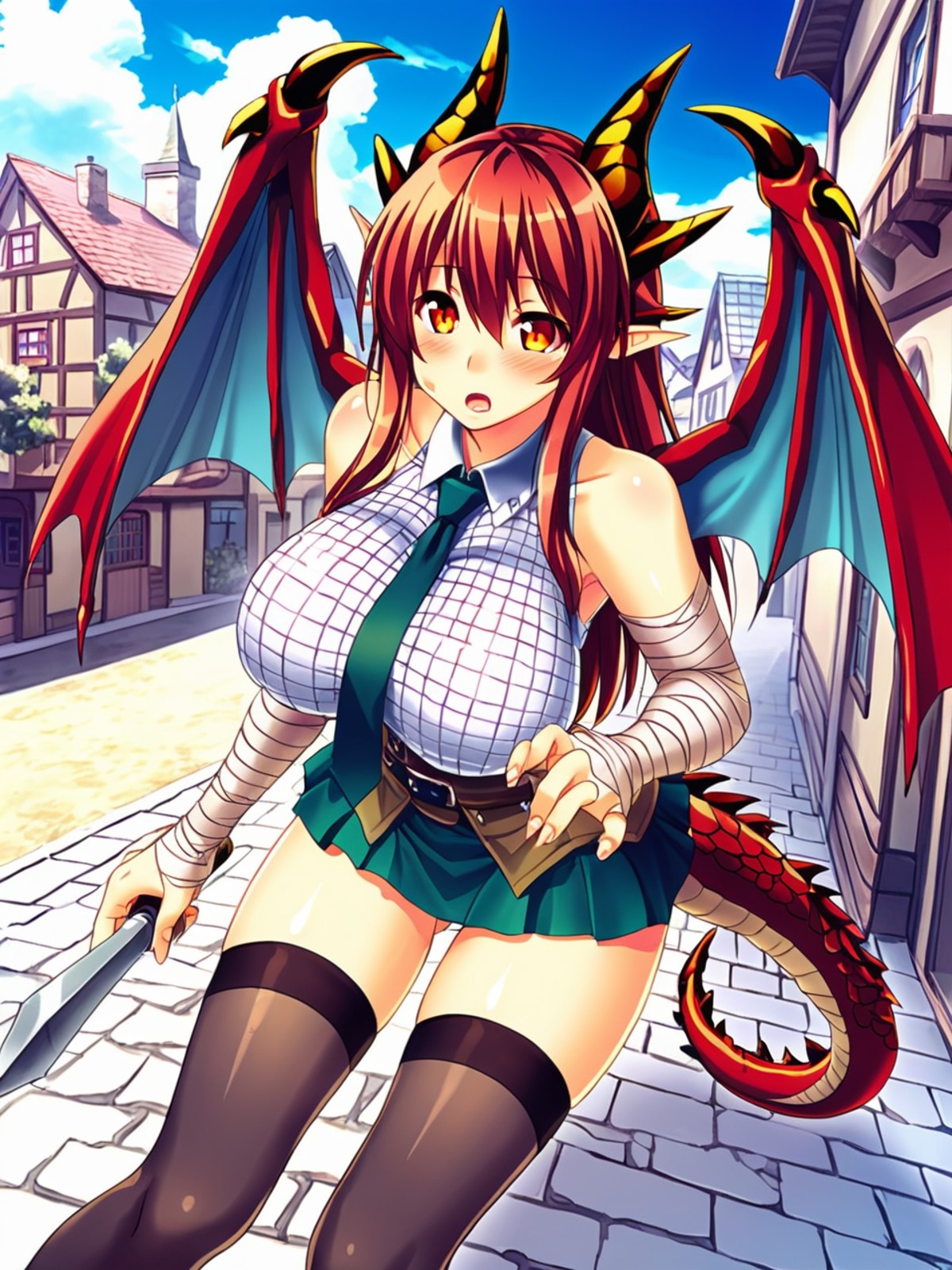 1girl in town, (art by akiko takase), solo, thighhighs, chainmail, (dragon girl:1.5), heart-shaped_pupils, pastel, (town:1...